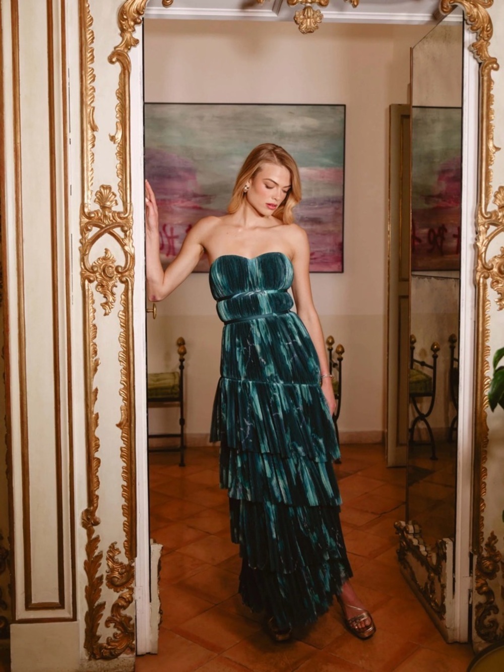 Hutch Lanza gown Strapless Teal Tiered Evening Dress